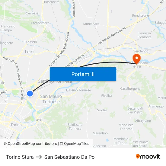 Torino Stura to San Sebastiano Da Po map