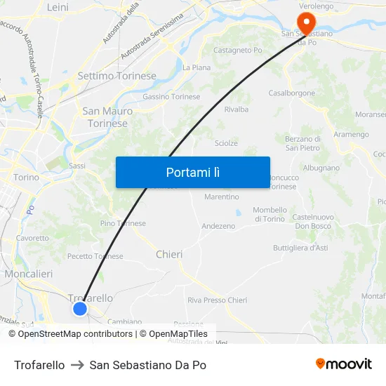 Trofarello to San Sebastiano Da Po map