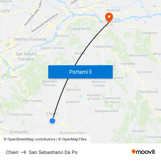 Chieri to San Sebastiano Da Po map