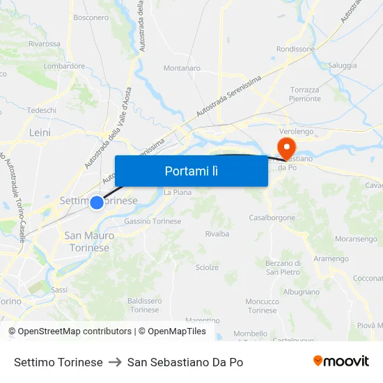 Settimo Torinese to San Sebastiano Da Po map