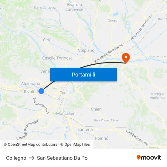 Collegno to San Sebastiano Da Po map