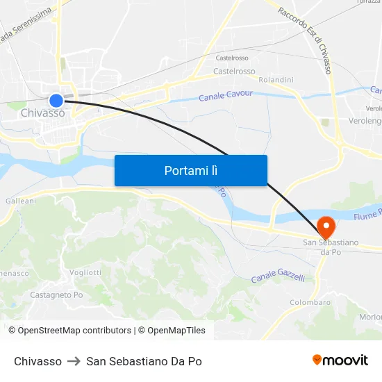 Chivasso to San Sebastiano Da Po map