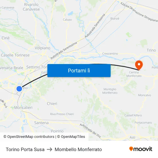 Torino Porta Susa to Mombello Monferrato map