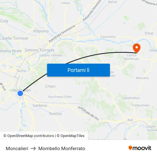 Moncalieri to Mombello Monferrato map