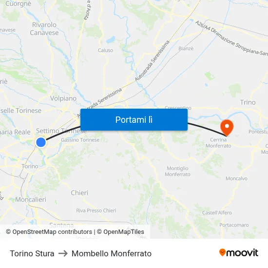 Torino Stura to Mombello Monferrato map