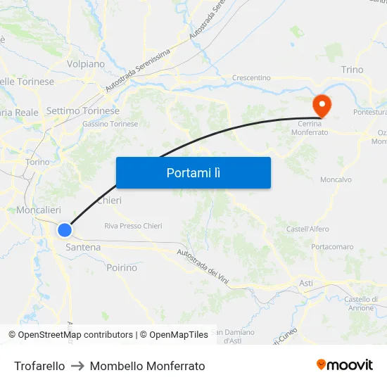 Trofarello to Mombello Monferrato map