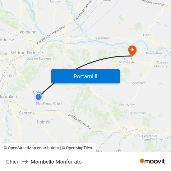 Chieri to Mombello Monferrato map
