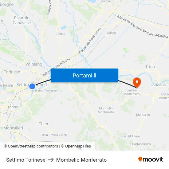 Settimo Torinese to Mombello Monferrato map