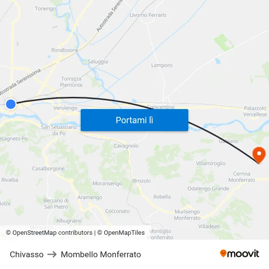 Chivasso to Mombello Monferrato map