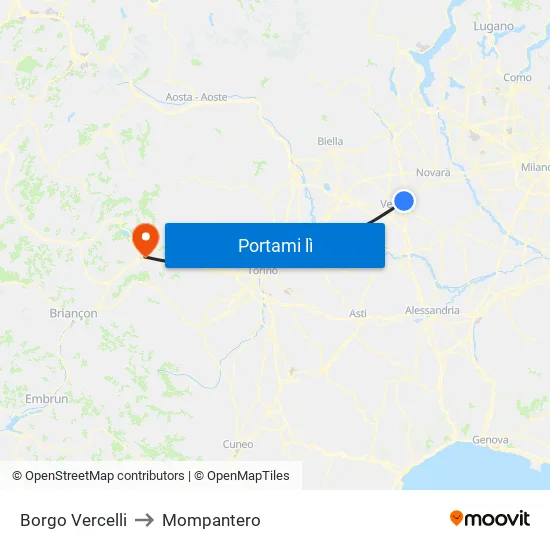 Borgo Vercelli to Mompantero map