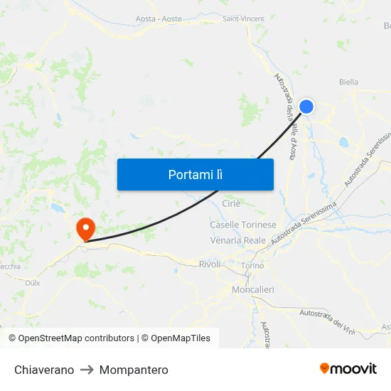 Chiaverano to Mompantero map