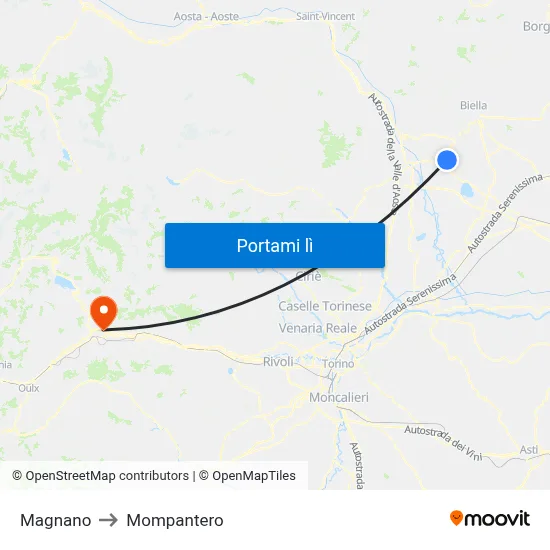 Magnano to Mompantero map