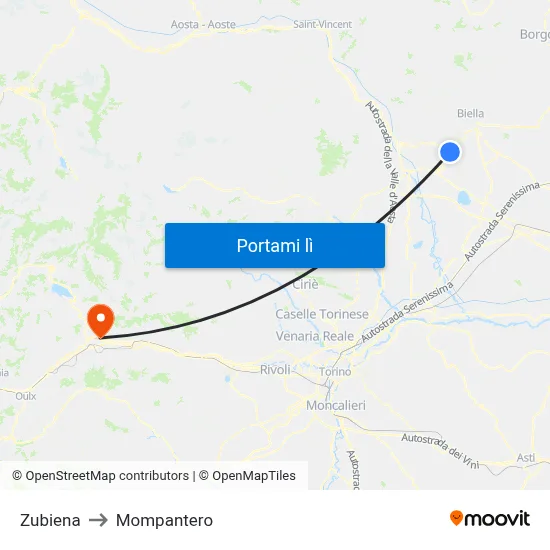 Zubiena to Mompantero map