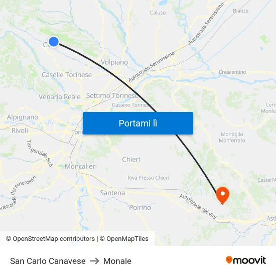 San Carlo Canavese to Monale map