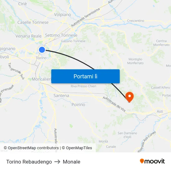 Torino Rebaudengo to Monale map