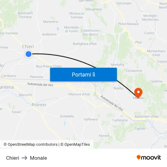 Chieri to Monale map