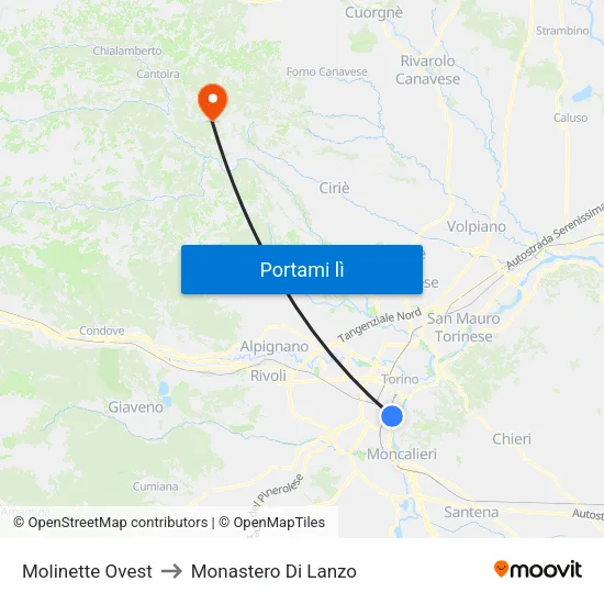 Molinette Ovest to Monastero Di Lanzo map
