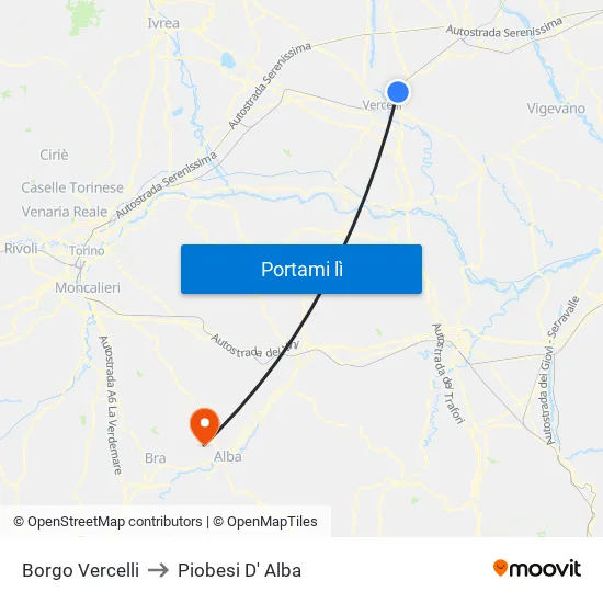 Borgo Vercelli to Piobesi D' Alba map