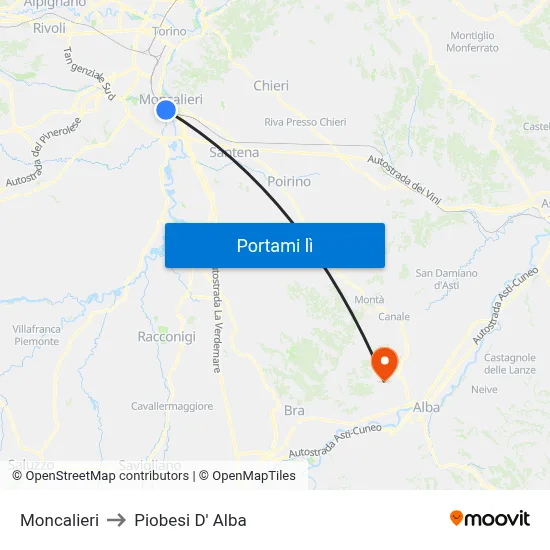 Moncalieri to Piobesi D' Alba map