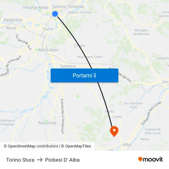 Torino Stura to Piobesi D' Alba map