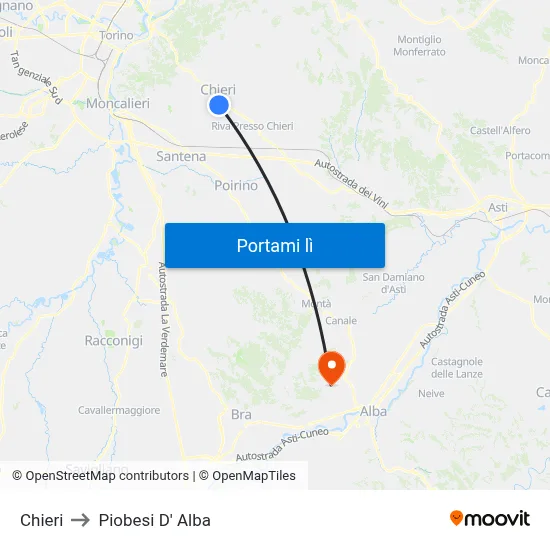 Chieri to Piobesi D' Alba map