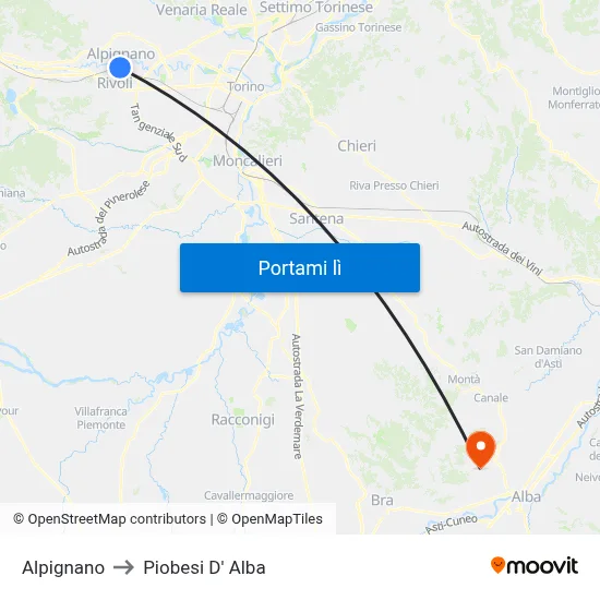 Alpignano to Piobesi D' Alba map