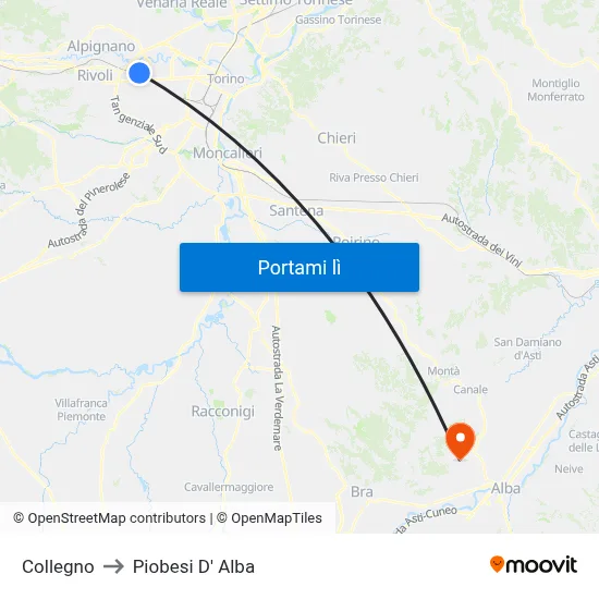 Collegno to Piobesi D' Alba map