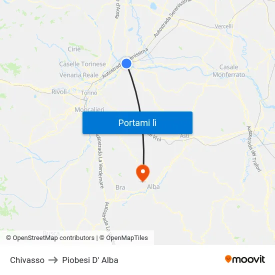 Chivasso to Piobesi D' Alba map