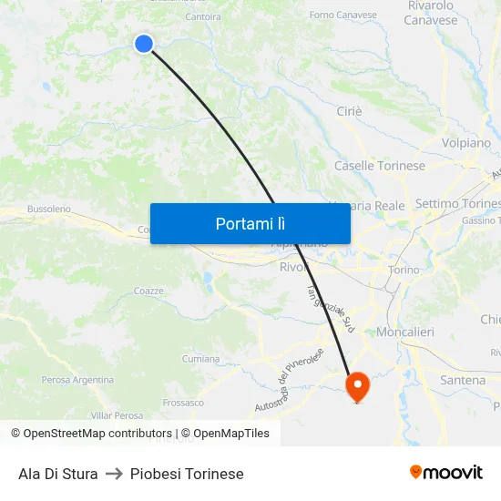Ala Di Stura to Piobesi Torinese map
