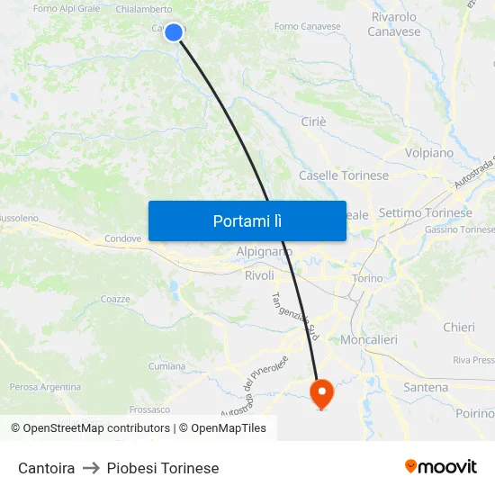 Cantoira to Piobesi Torinese map