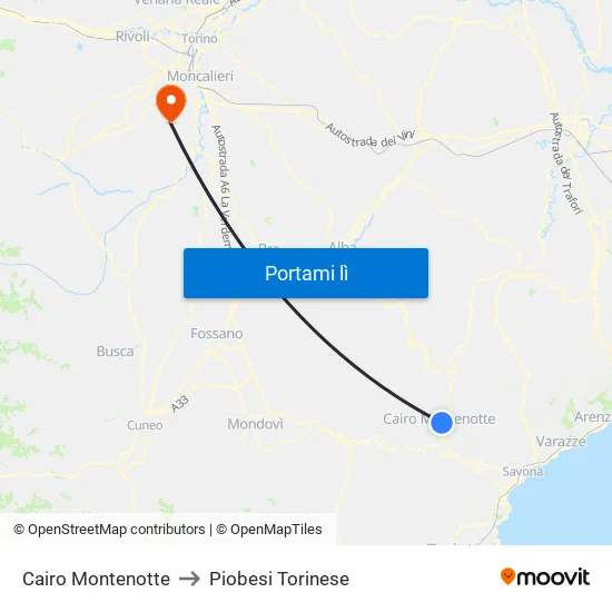 Cairo Montenotte to Piobesi Torinese map
