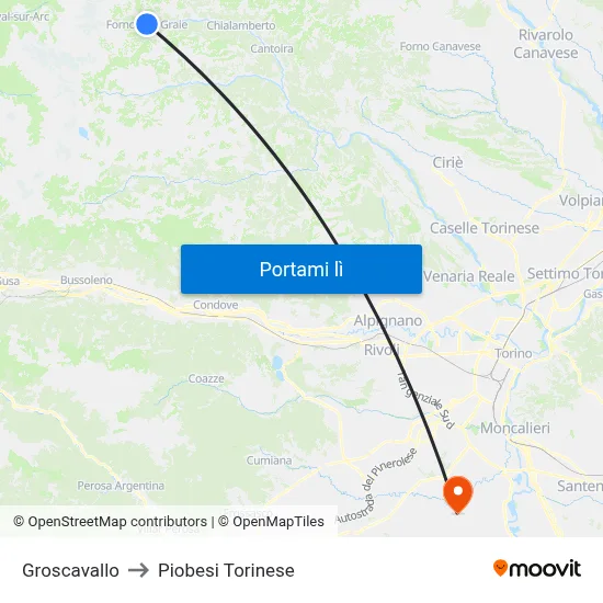 Groscavallo to Piobesi Torinese map