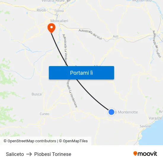 Saliceto to Piobesi Torinese map