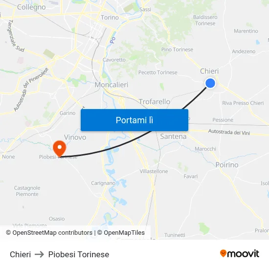 Chieri to Piobesi Torinese map