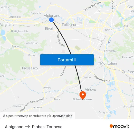 Alpignano to Piobesi Torinese map