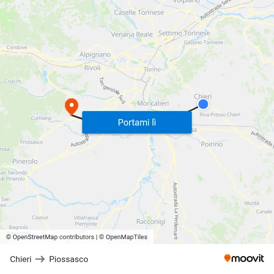 Chieri to Piossasco map