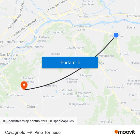 Cavagnolo to Pino Torinese map