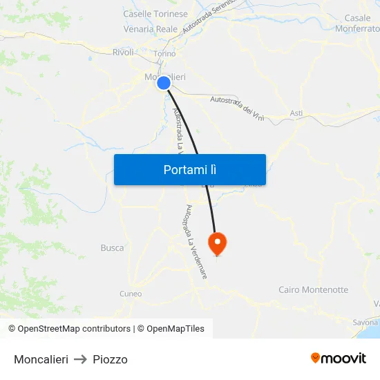 Moncalieri to Piozzo map