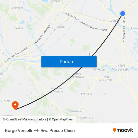 Borgo Vercelli to Riva Presso Chieri map