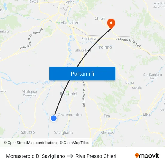 Monasterolo Di Savigliano to Riva Presso Chieri map