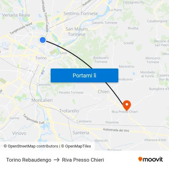 Torino Rebaudengo to Riva Presso Chieri map