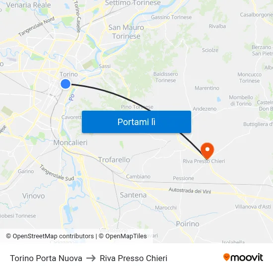 Torino Porta Nuova to Riva Presso Chieri map