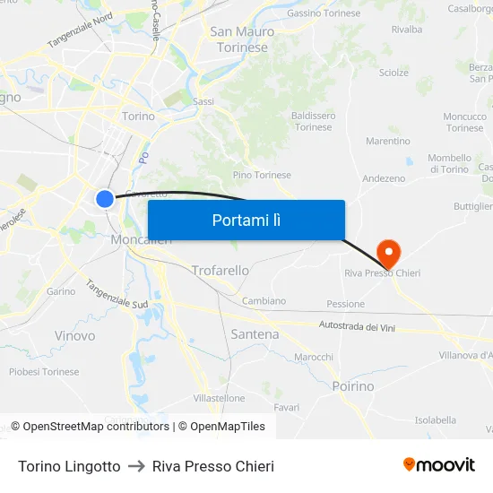 Torino Lingotto to Riva Presso Chieri map