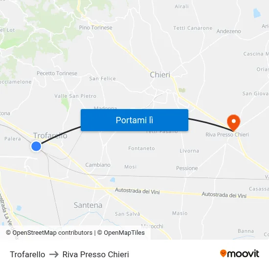 Trofarello to Riva Presso Chieri map
