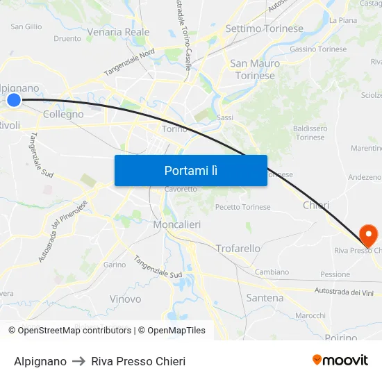 Alpignano to Riva Presso Chieri map