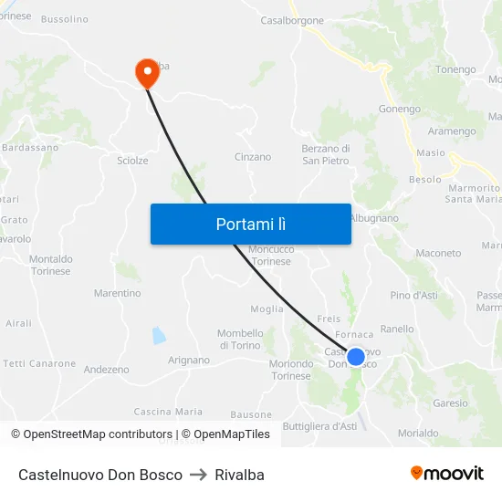 Castelnuovo Don Bosco to Rivalba map