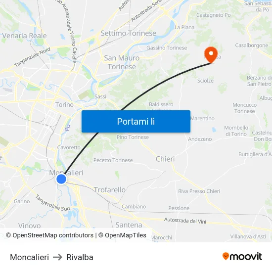Moncalieri to Rivalba map