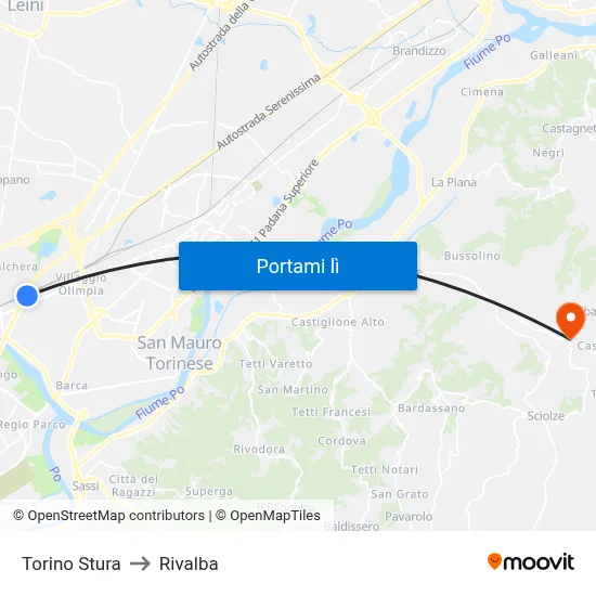 Torino Stura to Rivalba map