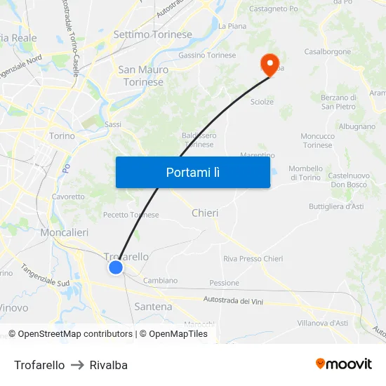 Trofarello to Rivalba map