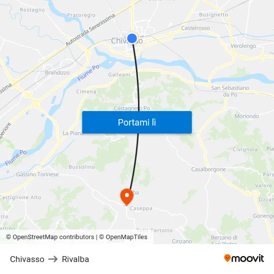 Chivasso to Rivalba map